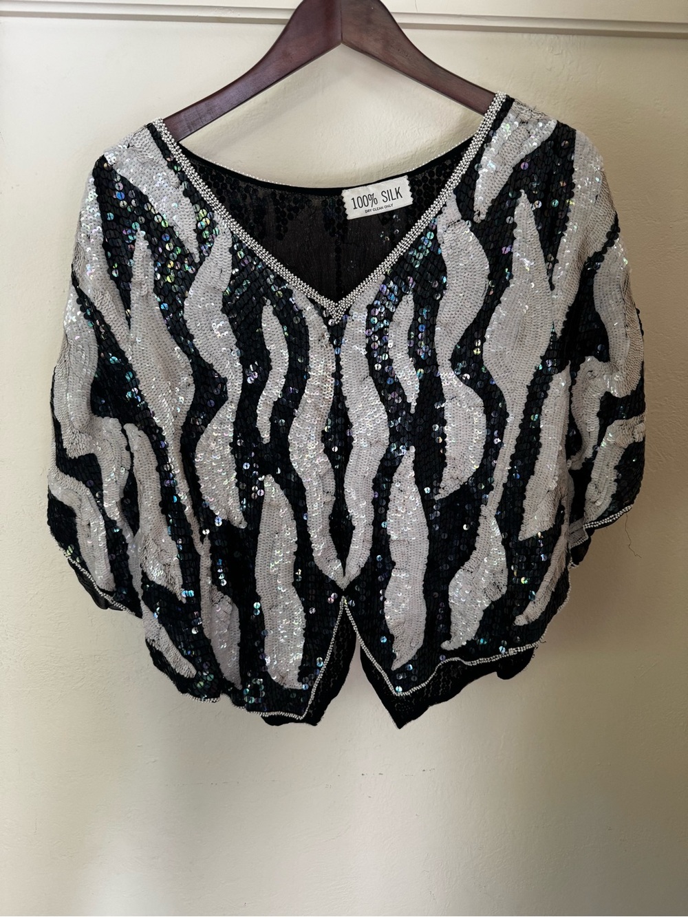 Vintage 100% Silk Zebra Sequin Beaded Butterfly Top Black White Evening Blouse
